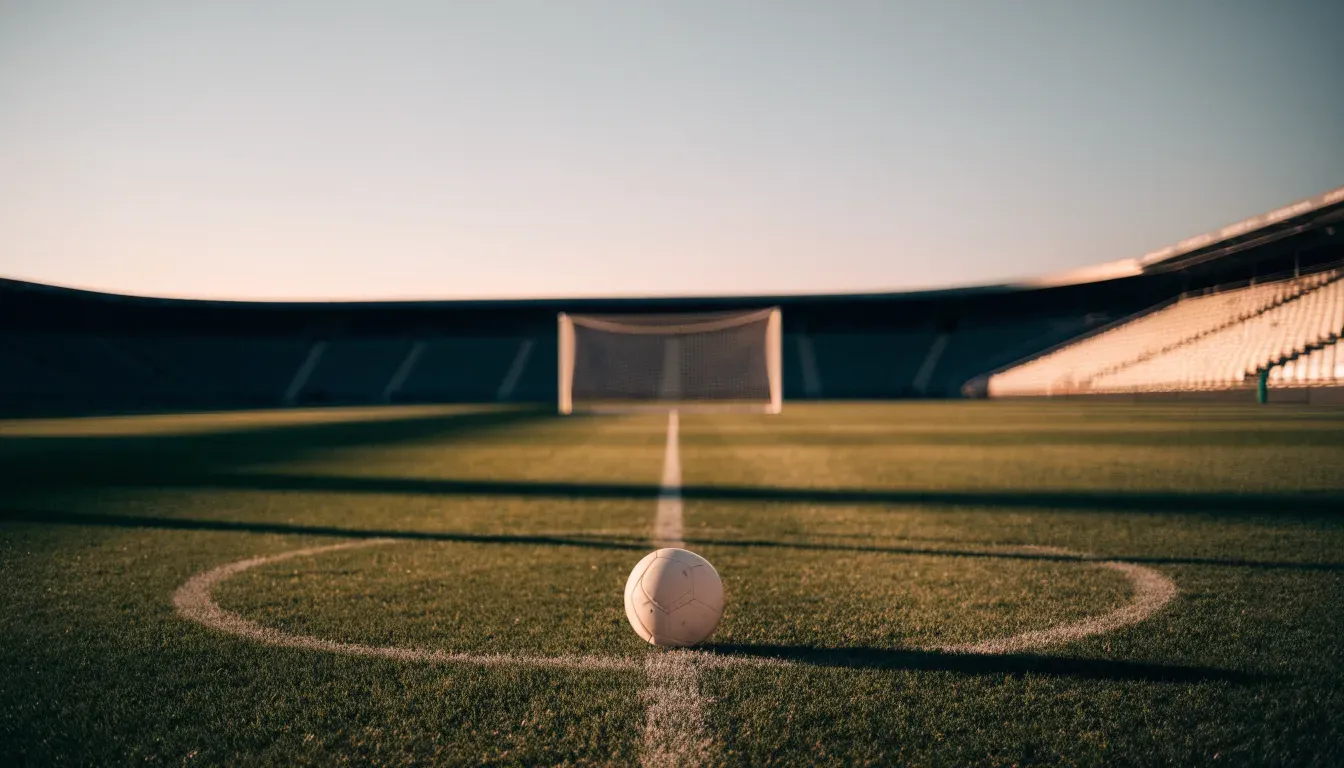 Ein Fußball liegt auf dem Anstoßpunkt eines leeren Rasenplatzes, im Hintergrund eine menschenleere Tribüne im weichen Abendlicht.
