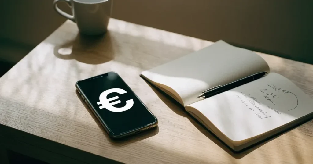 Ein Smartphone mit dunklem Display liegt neben einem Notizbuch und ein paar Euro-Münzen auf einem hellen Holztisch im Morgenlicht.