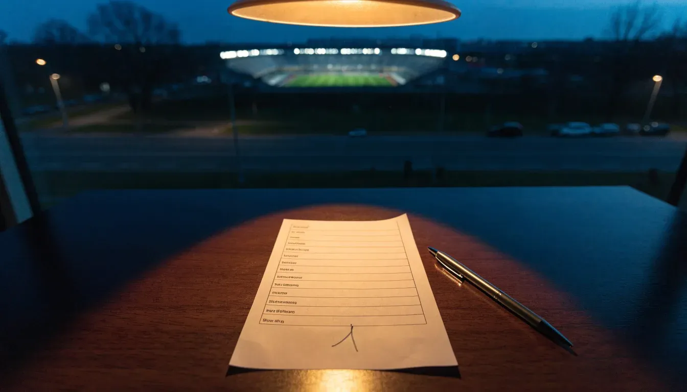 Ein Stadion unter Flutlicht aus großer Entfernung gesehen, davor eine dunkle Landstraße und einzelne Bäume in der Dämmerung.