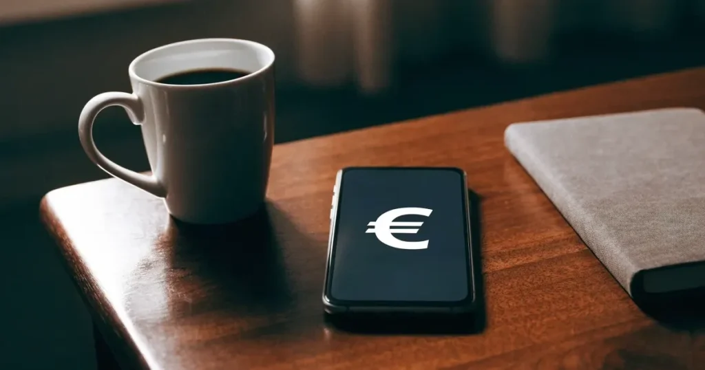Ein Smartphone mit dunklem Display liegt neben einem Notizbuch und einer Kaffeetasse auf einem Schreibtisch im Licht eines Fensters.