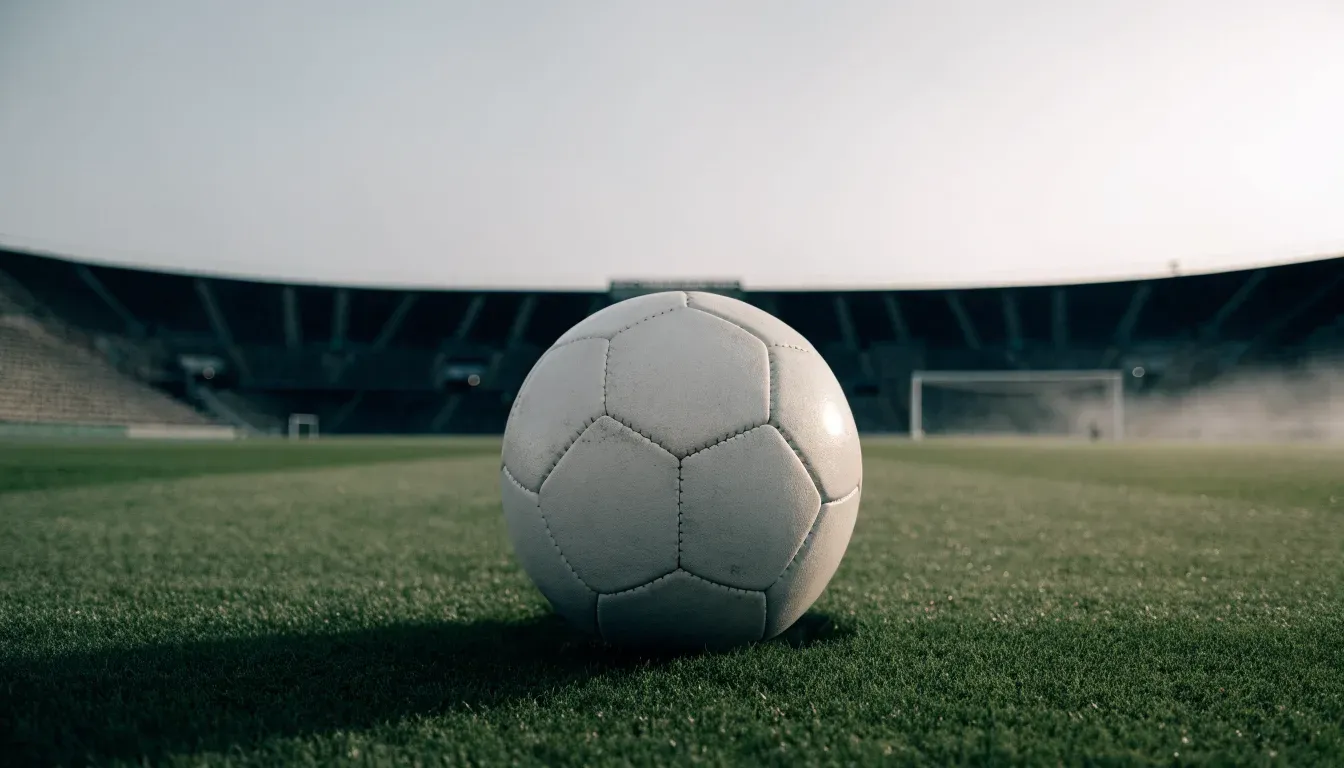 Ein Fußball liegt auf dem Anstoßpunkt eines leeren Rasenplatzes, im Hintergrund eine menschenleere Tribüne in weichem Licht.