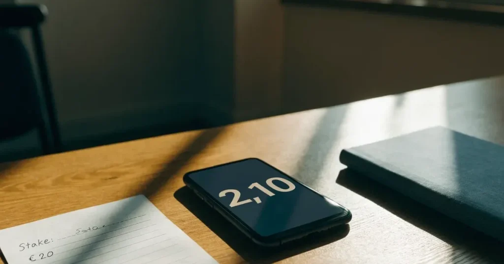 Ein Smartphone mit dunklem Display liegt auf einem Holztisch neben einem Notizbuch, durch das Fenster fällt klares Morgenlicht.