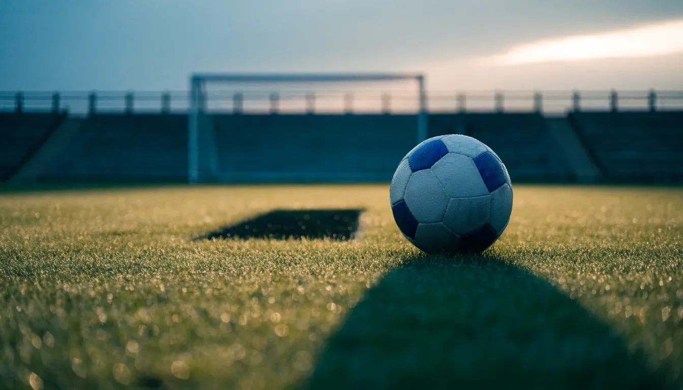 Ein Fußball liegt auf dem Anstoßpunkt eines leeren Rasenplatzes, dahinter eine menschenleere Tribüne im weichen Abendlicht.