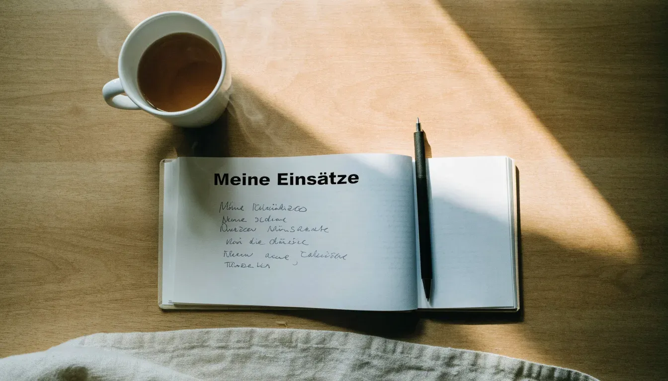 Ein aufgeschlagenes Notizbuch mit handgeschriebenen Notizen und ein Kugelschreiber liegen auf einem Schreibtisch neben einer Tasse Tee.