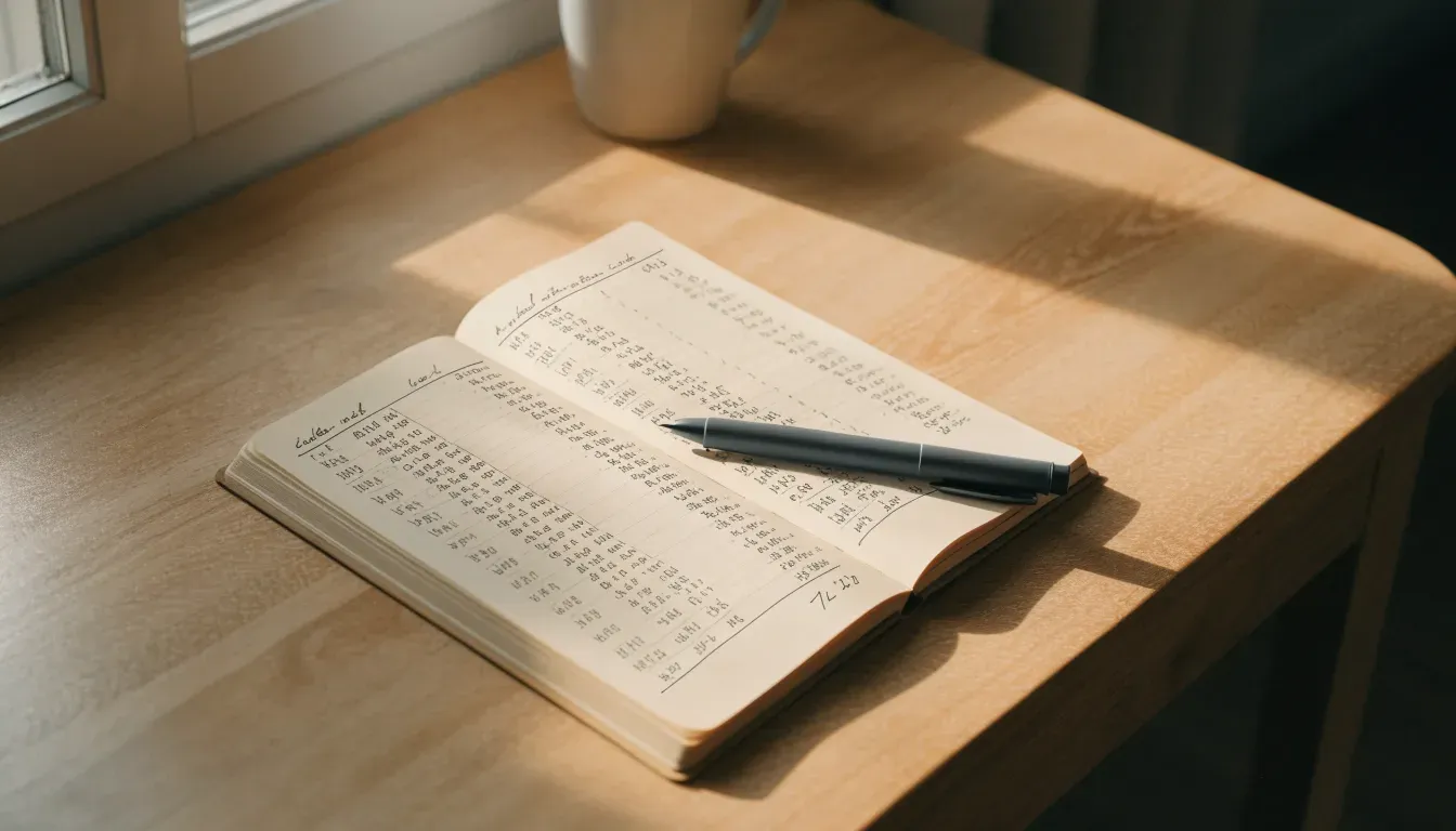Ein Notizbuch mit handschriftlichen Rechnungen und ein Taschenrechner auf einem Schreibtisch, im Fenster fällt Morgenlicht.