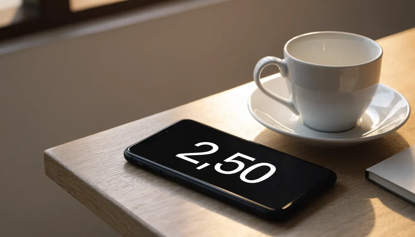 Ein Smartphone mit dunklem Display liegt auf einem Holztisch neben einer Tasse Kaffee, am Fenster fällt Abendlicht.