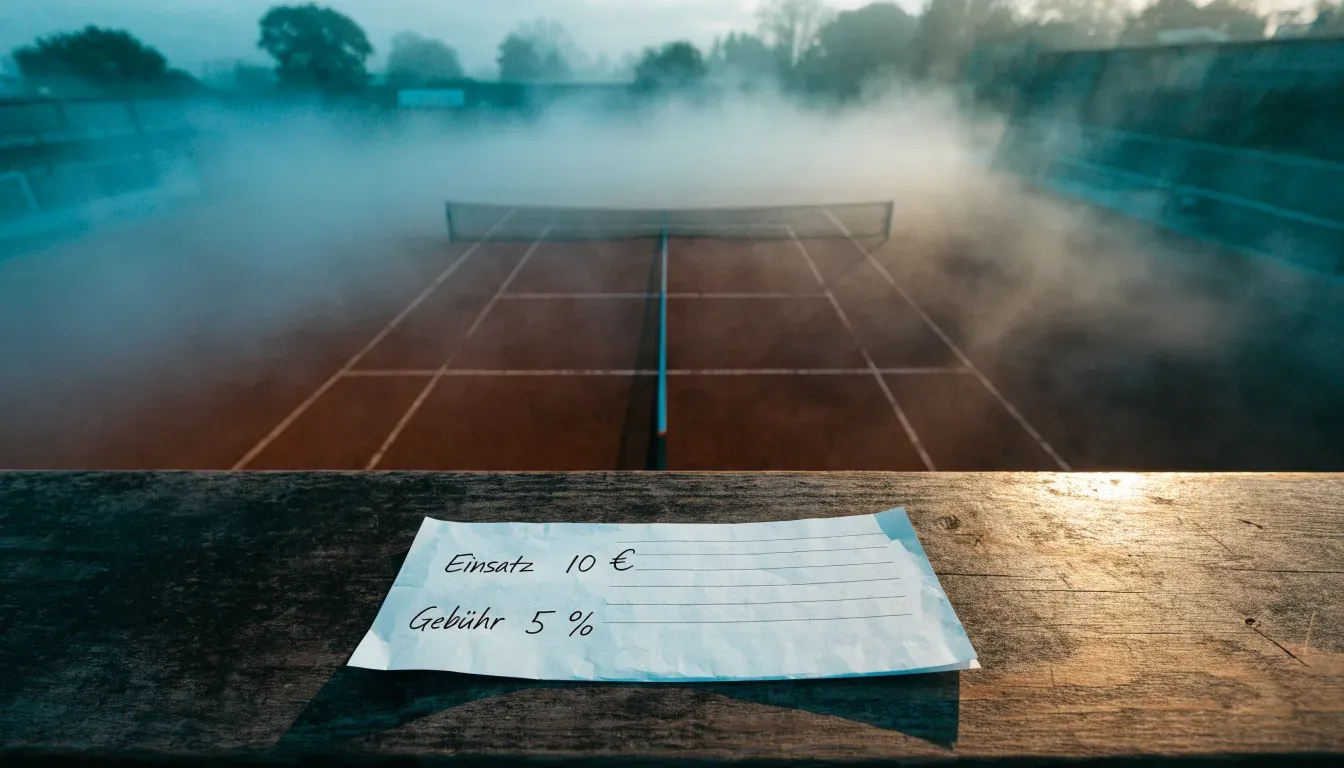 Ein Tennisplatz im Morgengrauen mit Netz und Linien, über dem Sandboden liegt leichter Nebel und niemand ist zu sehen.