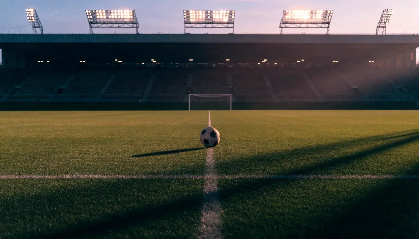Ein Fußball liegt auf dem Anstoßpunkt eines leeren Rasenplatzes, im Hintergrund eine menschenleere Tribüne im weichen Abendlicht.