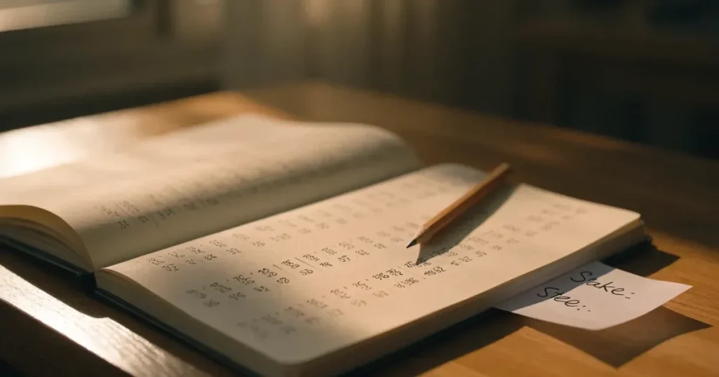 Ein Notizbuch mit handschriftlichen Zahlenreihen und ein Bleistift liegen auf einem Schreibtisch neben einem Taschenrechner im Morgenlicht.