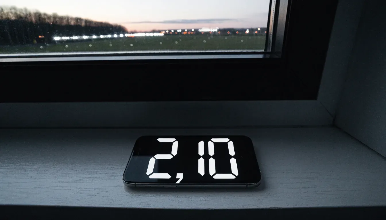 Ein Stadion unter Flutlicht aus großer Entfernung gesehen, davor eine dunkle Landstraße und einzelne Bäume in der Dämmerung.