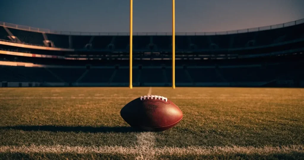 Ein ovaler Football liegt auf dem Rasen vor den gelben Torstangen eines leeren Stadions in der Abenddämmerung.