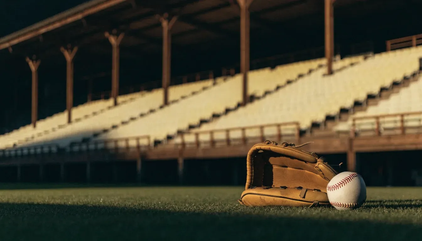 Ein Baseball liegt auf dem Rasen neben einem Lederhandschuh ohne Aufschrift, im Hintergrund eine leere Tribüne im Abendlicht.