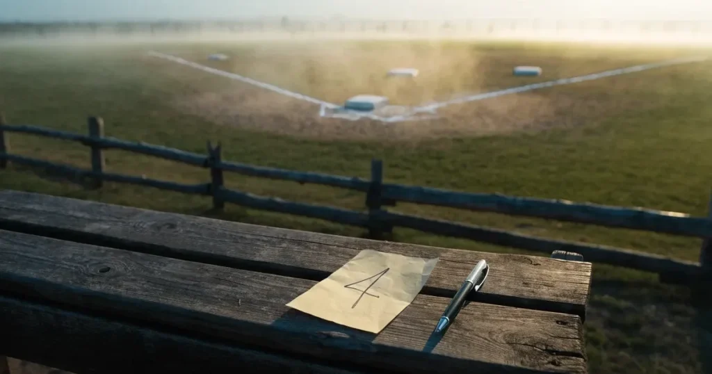 Ein leeres Baseballfeld mit Sandfläche, Basen und weißen Linien in der Morgendämmerung, über dem Rasen liegt leichter Nebel.