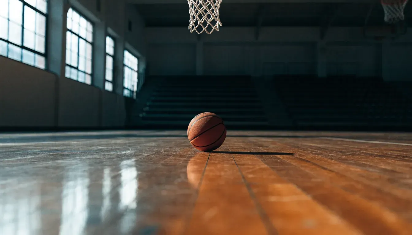 Ein orangefarbener Basketball liegt auf einem Hallenboden unter dem Netz eines Korbs, im Hintergrund unscharf leere Sitzreihen.
