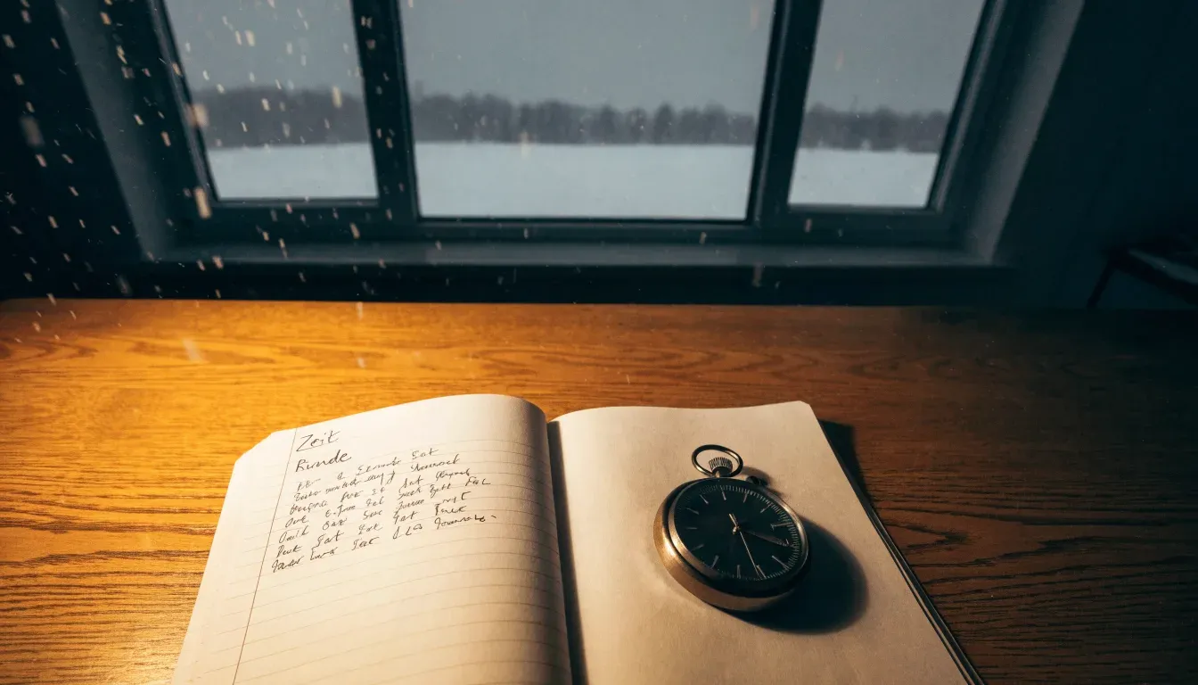 Ein Notizbuch mit handschriftlichen Zeiten liegt neben einer Stoppuhr auf einem Holztisch, draußen vor dem Fenster fällt Schnee.