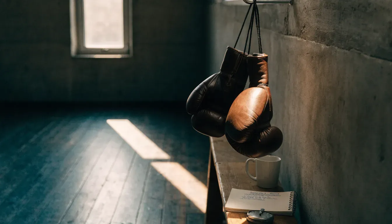Ein Paar Boxhandschuhe hängt an einem Haken in einer leeren Trainingshalle, durch ein Fenster fällt Tageslicht auf den Boden.