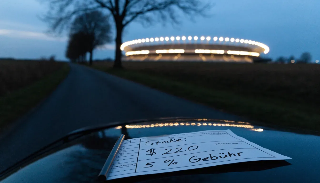 Ein Stadion unter Flutlicht aus großer Entfernung gesehen, davor eine dunkle Landstraße und einzelne Bäume in der Dämmerung.