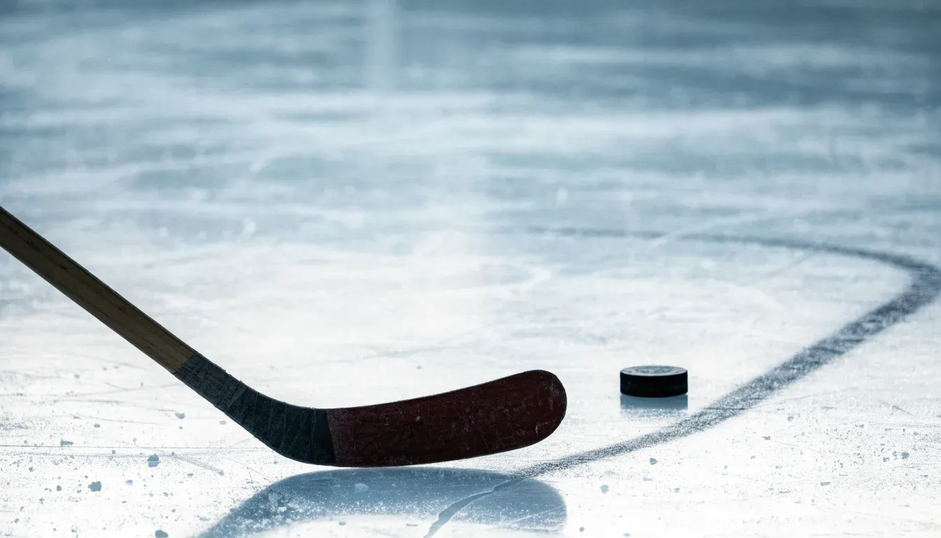 Ein Eishockeyschläger und ein schwarzer Puck liegen auf dem Eis, eine Kratzspur zieht sich durch das Bild.