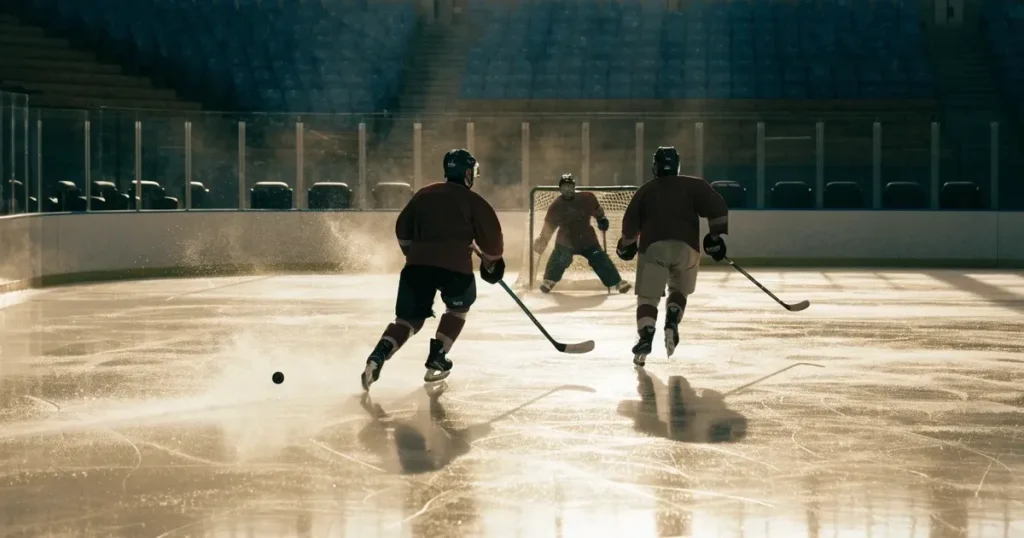 Eine zugefrorene Eisfläche am Rand eines Eishockeyfelds im Morgenlicht, Banden und leere Spielerbänke von der Seite fotografiert.