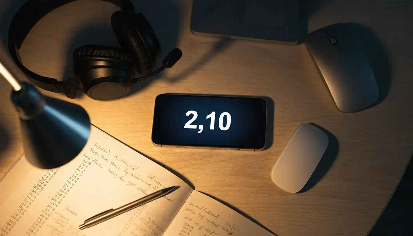 Ein Headset und eine Computermaus liegen auf einem Schreibtisch neben einem Notizbuch mit handschriftlichen Notizen, Lampenlicht am Abend.