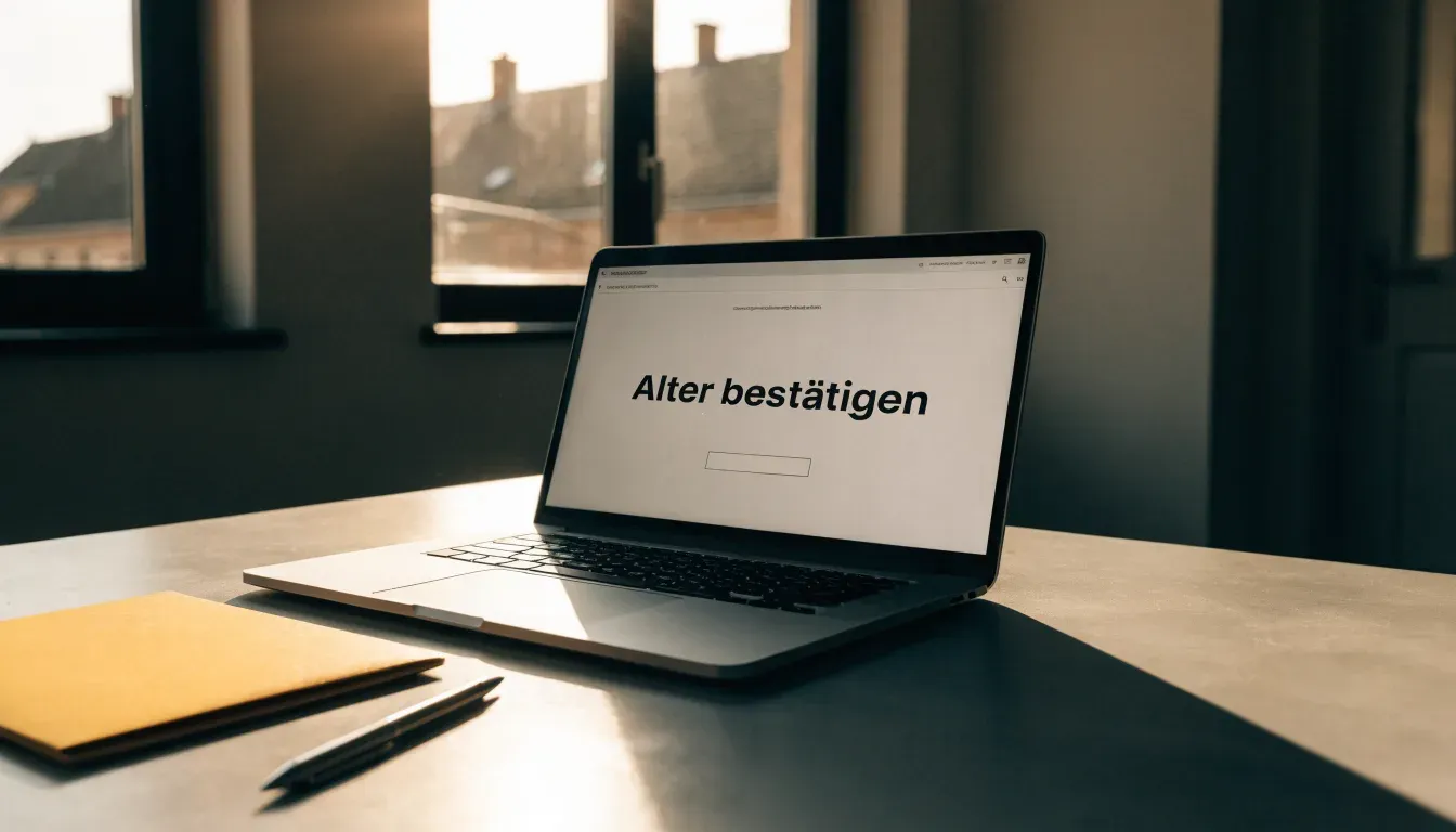 Ein leerer Schreibtisch mit geschlossenem Ordner und Kugelschreiber im Morgenlicht, daneben ein Fenster mit Blick auf Dächer.