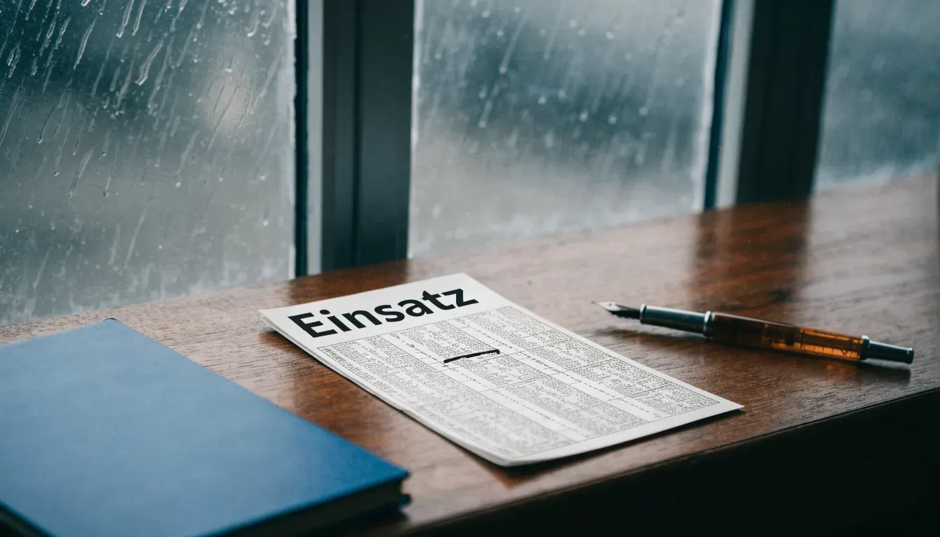 Ein Schreibtisch mit Füllfeder und geschlossenem Notizbuch vor einem regennassen Fenster, die Szene ist ruhig und ohne lesbaren Text.