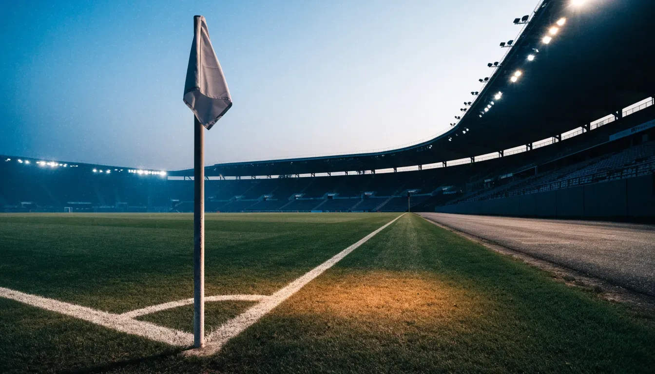 Eine Eckfahne am Rand eines Rasenplatzes, dahinter ein leeres Stadion unter Flutlicht aus der Ferne gesehen.