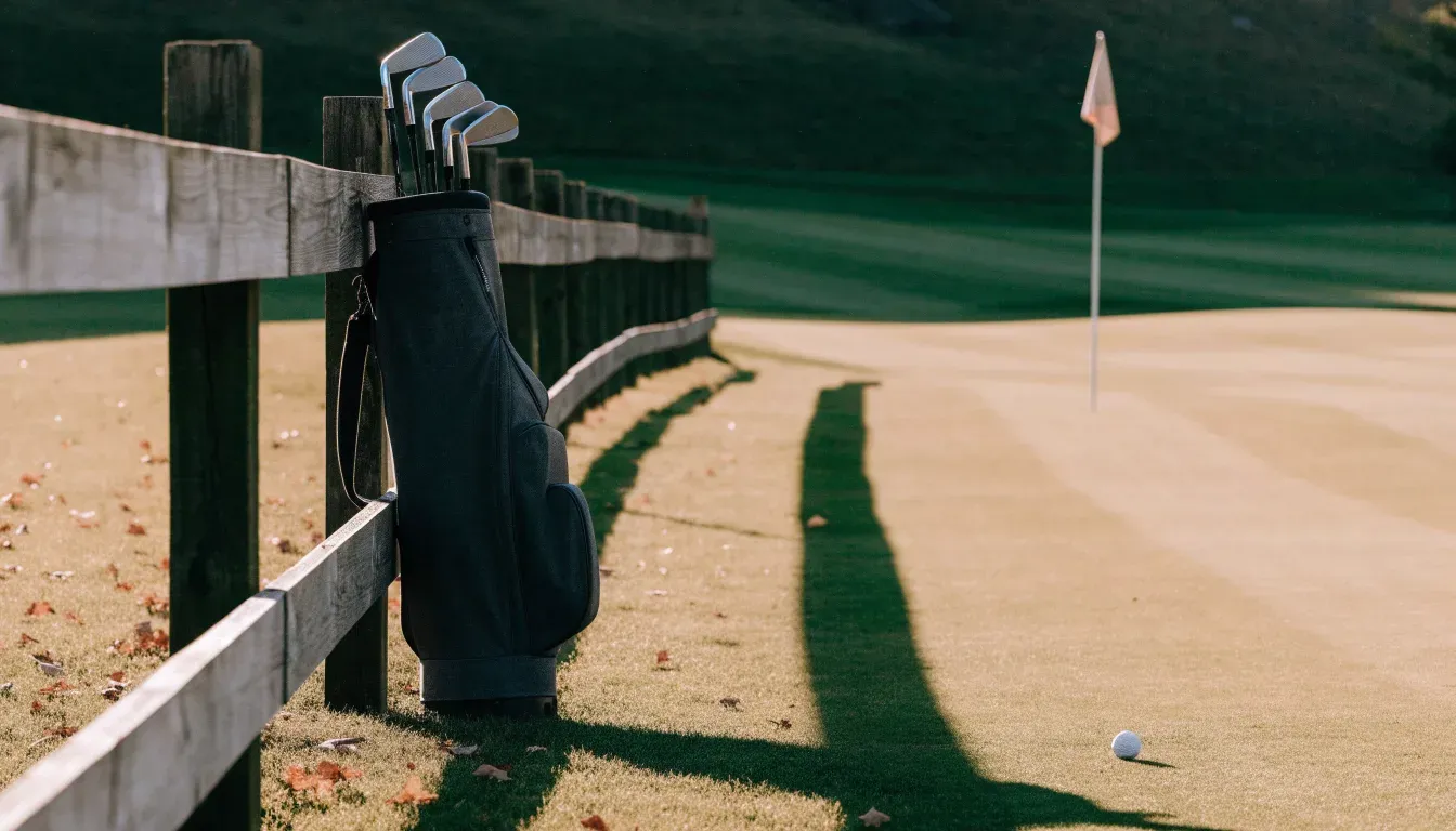 Ein Golfbag mit Schlägern lehnt an einem Holzzaun am Rand einer Spielbahn, tiefstehende Sonne von der Seite.
