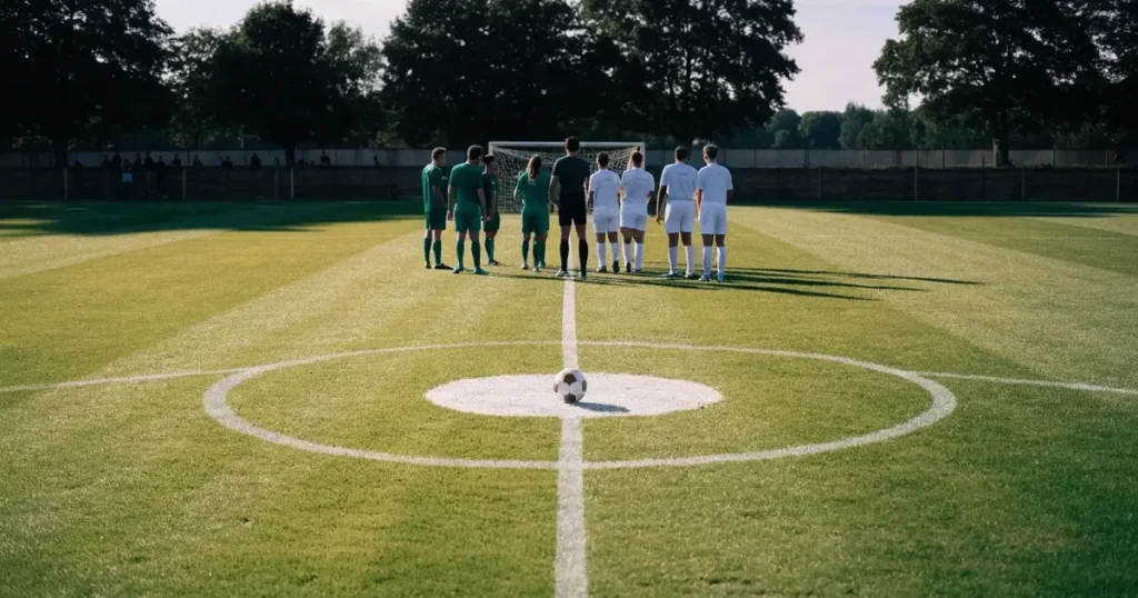 Fußball auf dem Mittelkreis eines Rasenplatzes im Morgenlicht