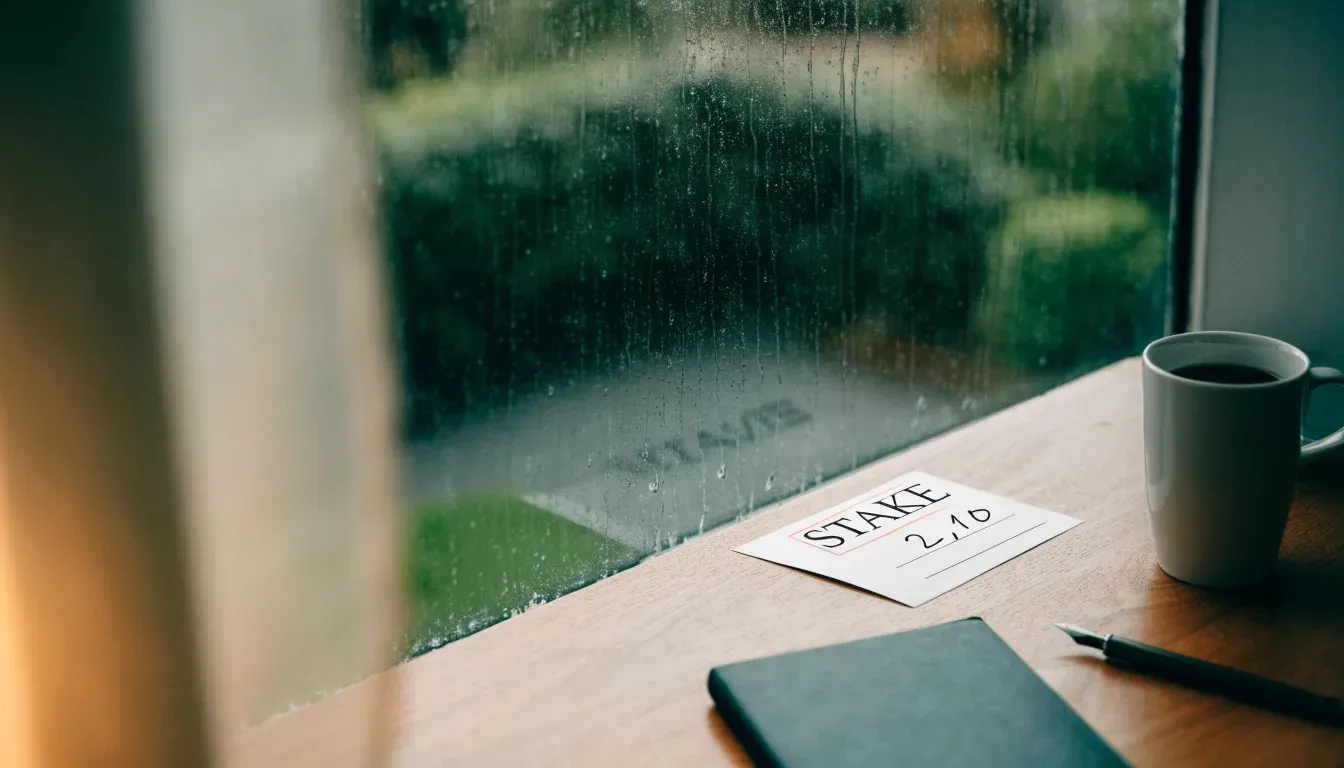 Ein Schreibtisch mit Füllfeder und geschlossenem Notizbuch vor einem Fenster an einem regnerischen Tag, ohne lesbaren Text.