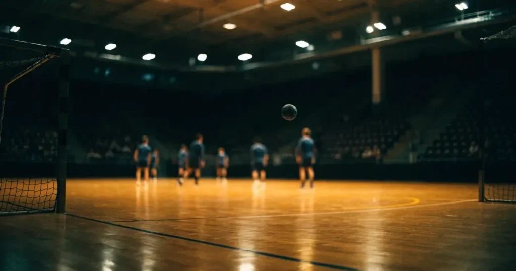 Eine leere Handballhalle von der Tribüne aus gesehen, der Hallenboden glänzt, an beiden Enden stehen Tore.