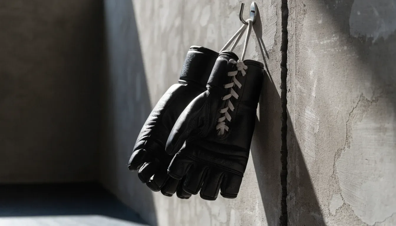 Ein Paar Kampfhandschuhe hängt an einem Haken an einer rauen Betonwand, Nahaufnahme im Seitenlicht.