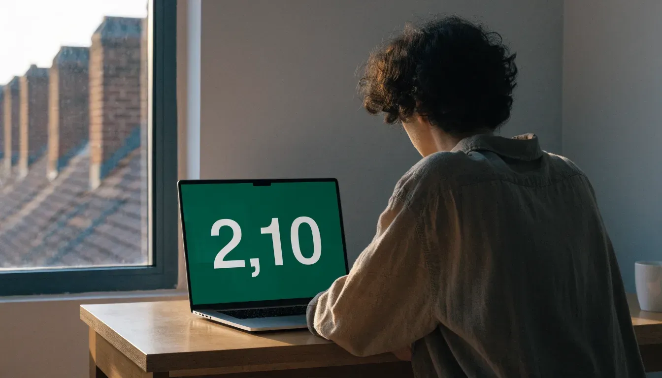 Ein leerer Schreibtisch mit Füllfeder und geschlossenem Ordner im Morgenlicht, daneben ein Fenster mit Blick auf Dächer.