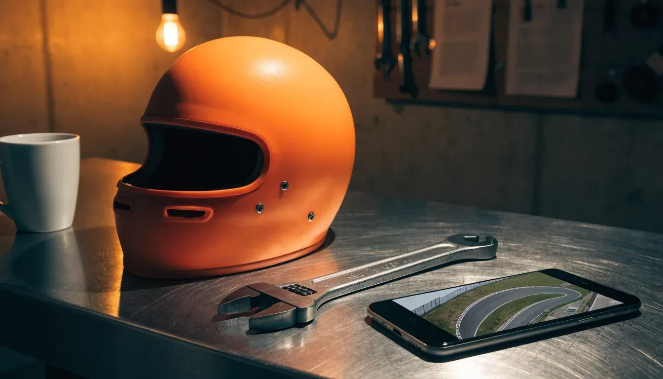 Ein Helm ohne Aufdruck steht auf einem Metalltisch in einer Werkstatt, daneben ein Schraubenschlüssel im Licht einer Lampe.