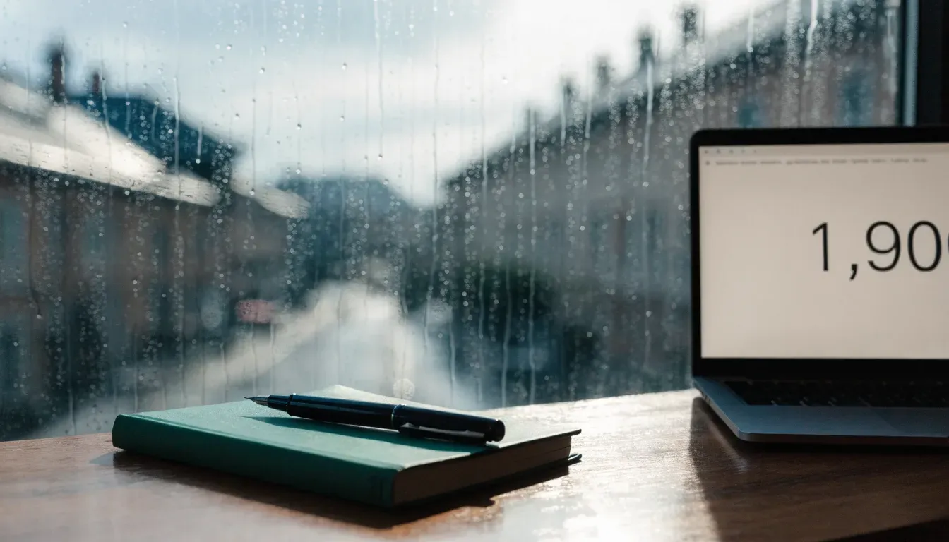 Ein Schreibtisch mit Füllfeder und geschlossenem Notizbuch vor einem regennassen Fenster, die Szene ist ruhig und ohne lesbaren Text.