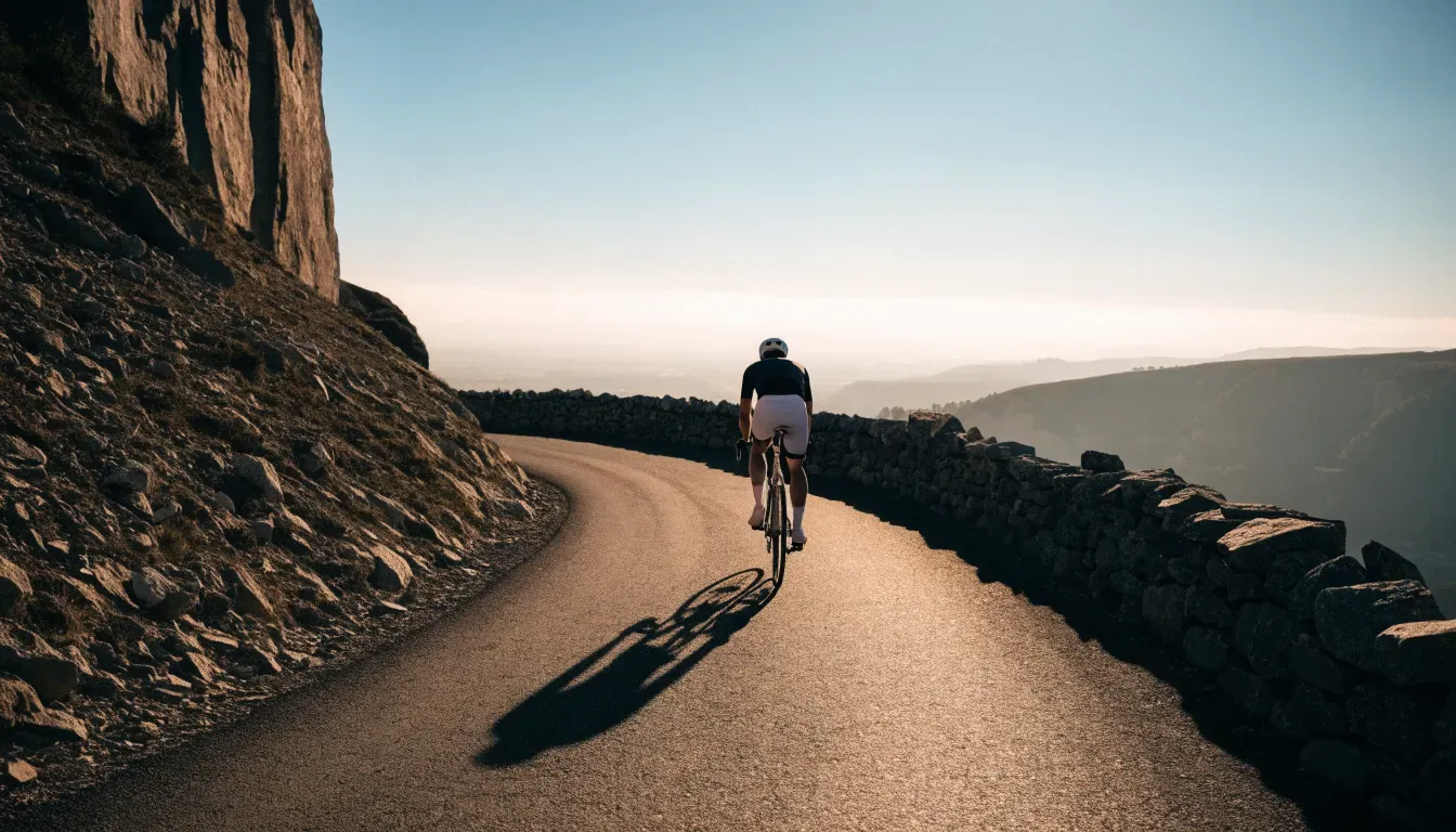 Ein Rennrad lehnt an einer Steinmauer am Straßenrand, die Sonne steht tief und wirft einen langen Schatten.
