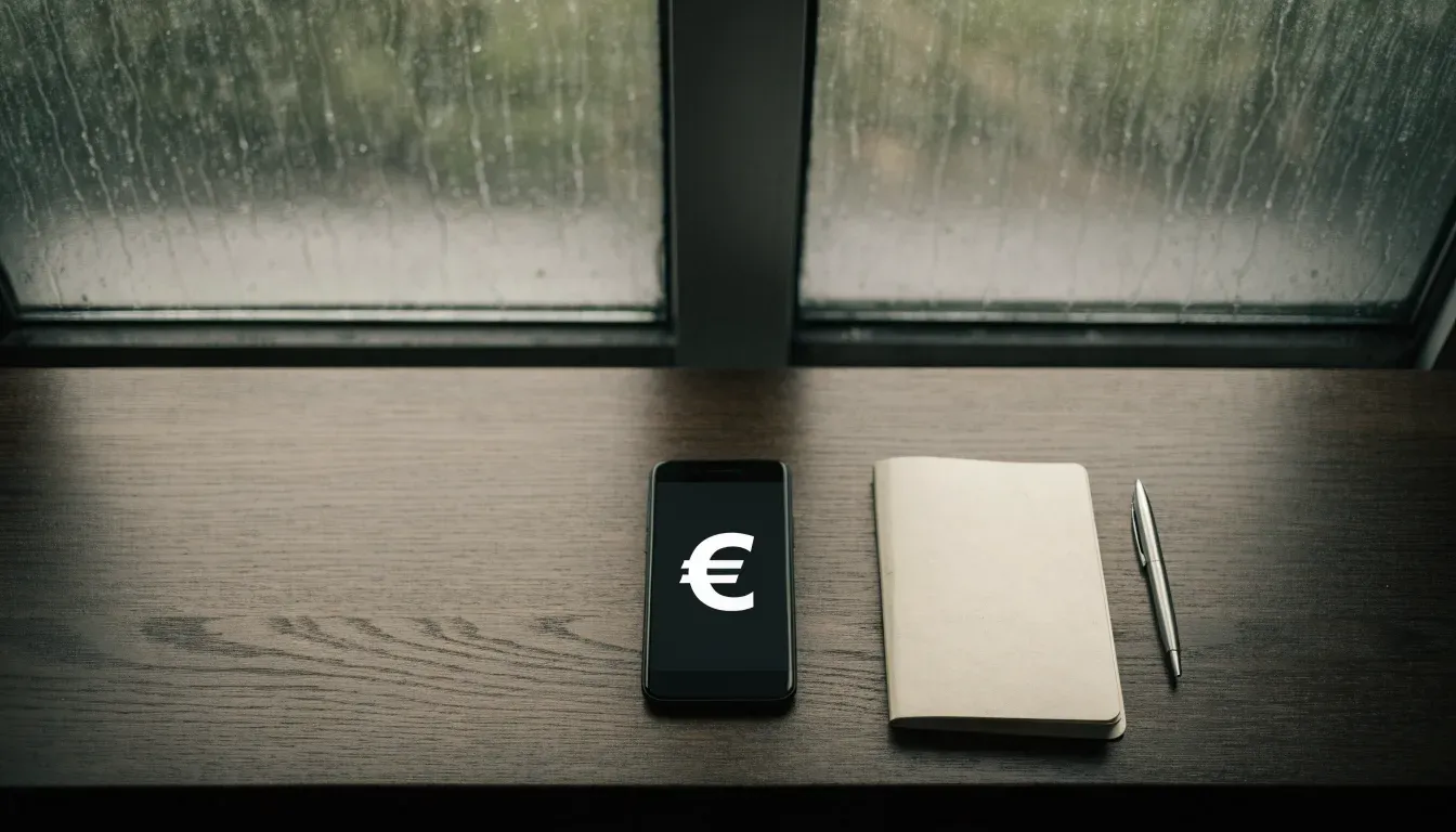 Ein Schreibtisch mit Füllfeder und geschlossenem Notizbuch vor einem regennassen Fenster, die Szene ist ruhig und ohne lesbaren Text.
