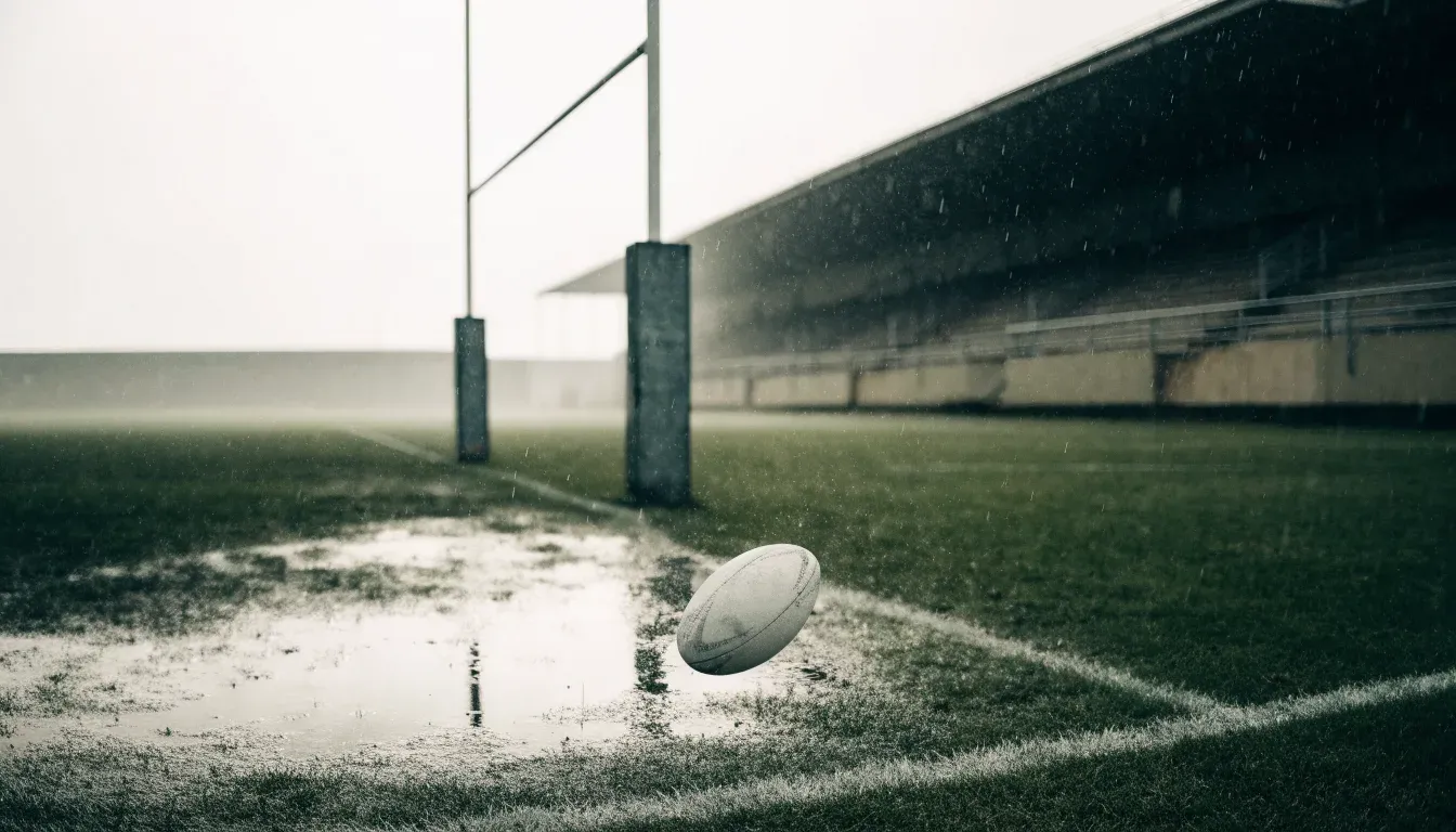 Die leere Tribüne eines Stadions mit Torstangen im Hintergrund, feiner Regen fällt über den Rängen.