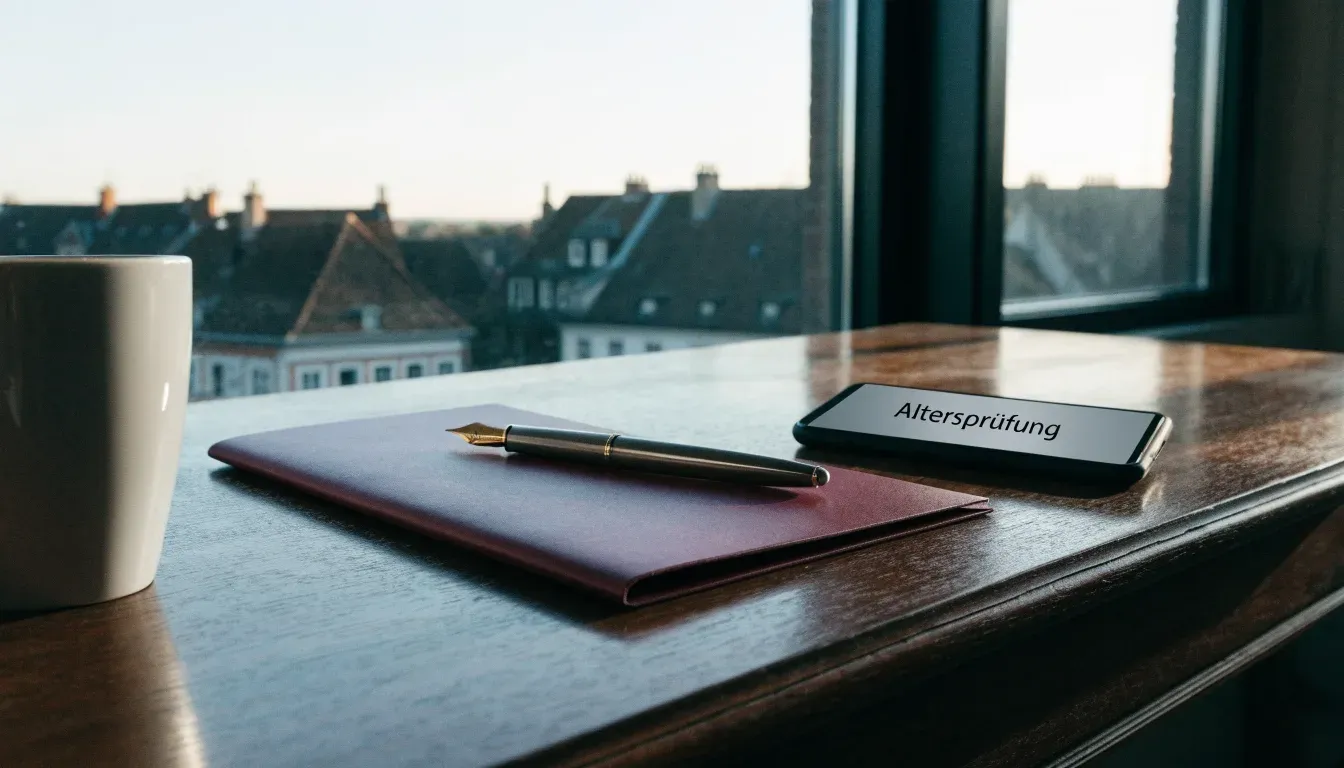 Ein Schreibtisch mit Füllfeder und geschlossenem Ordner im Morgenlicht, daneben ein Fenster mit Blick auf Dächer.