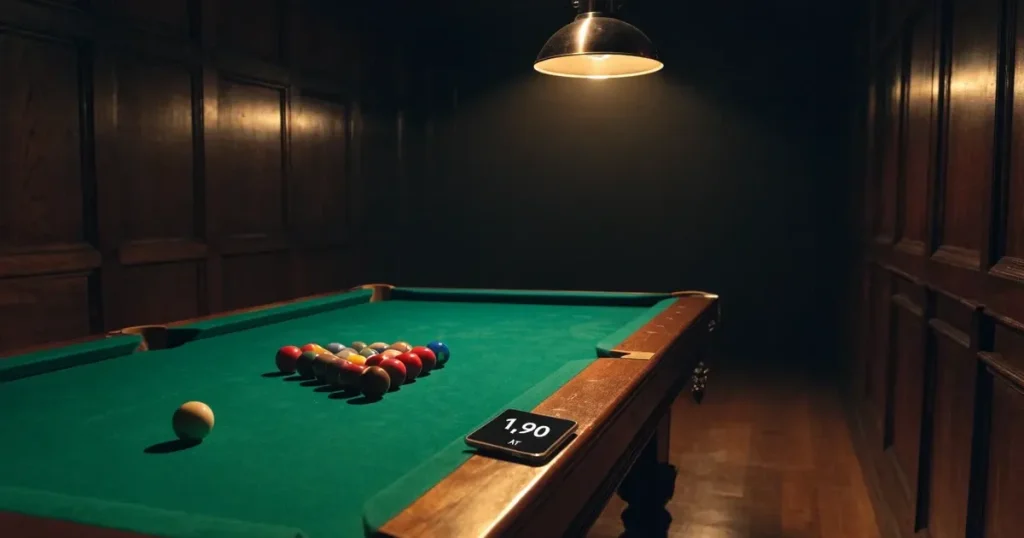 Ein Snookertisch mit grünem Tuch in einem abgedunkelten Saal, ein Lichtkegel fällt von oben auf die aufgestellten Kugeln.