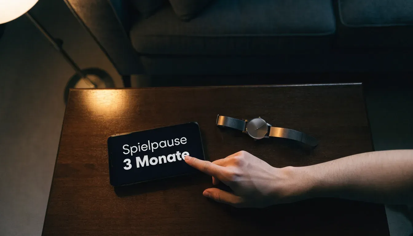 Ein Smartphone liegt mit dem Display nach unten auf einem Tisch neben einer Armbanduhr, im Hintergrund eine ruhige Wohnzimmerecke am Abend.