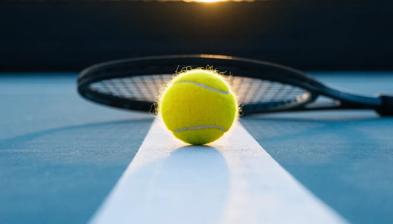 Ein gelber Tennisball liegt auf der weißen Linie eines Hartplatzes, davor ein Schläger mit der Bespannung nach oben, flaches Gegenlicht.