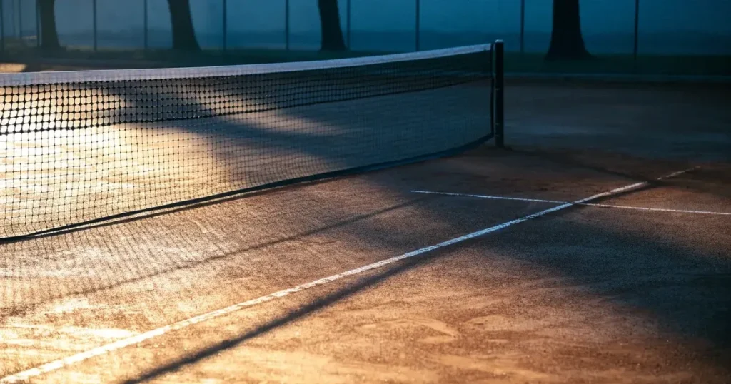 Ein leerer Tennisplatz mit Sandbelag im frühen Morgenlicht, Netz und Grundlinie sind sichtbar, niemand ist auf dem Platz.
