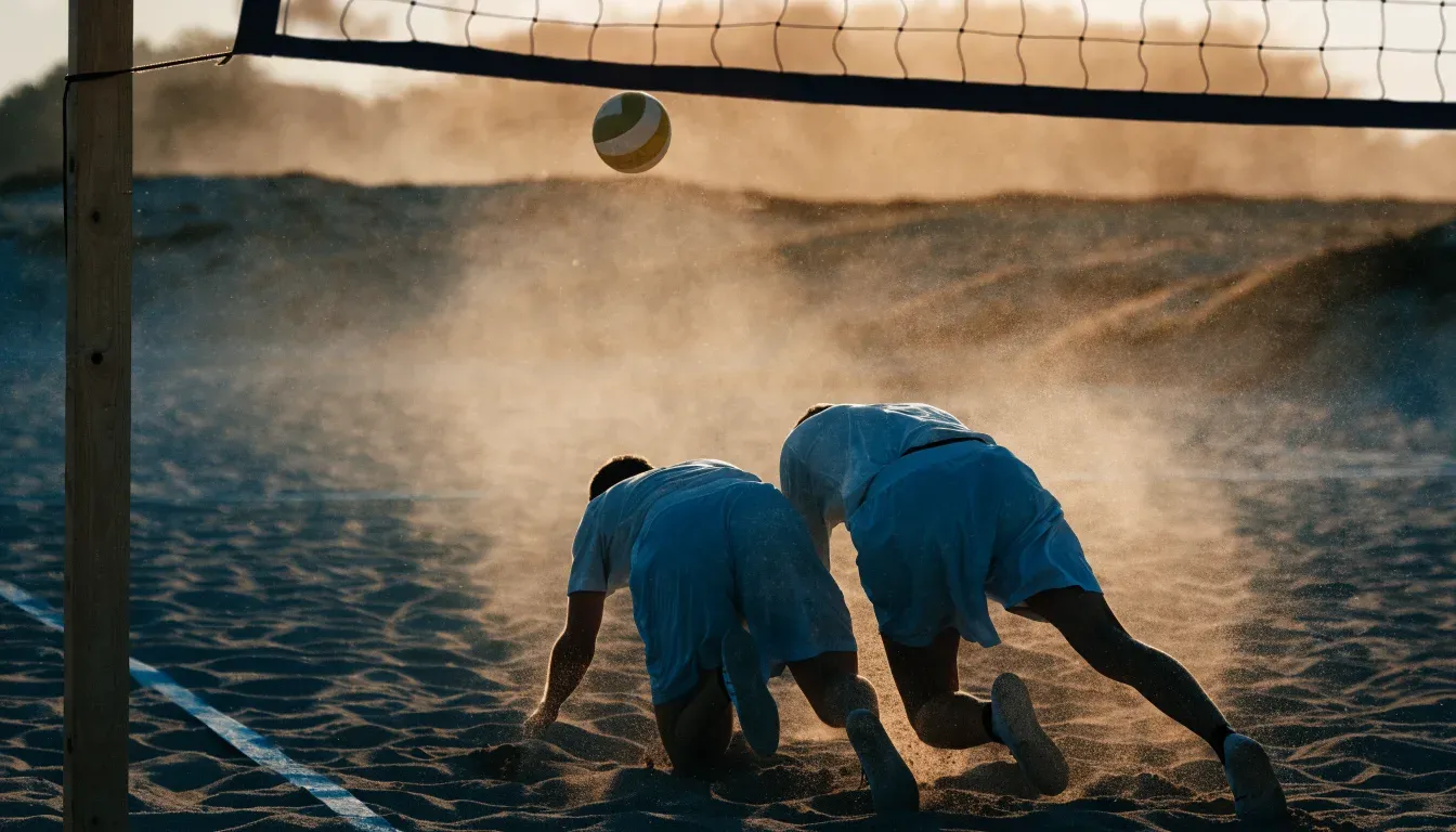 Ein Volleyball liegt auf Sand neben einem Netzpfosten, Strandlicht am späten Nachmittag, im Hintergrund unscharfe Dünen.