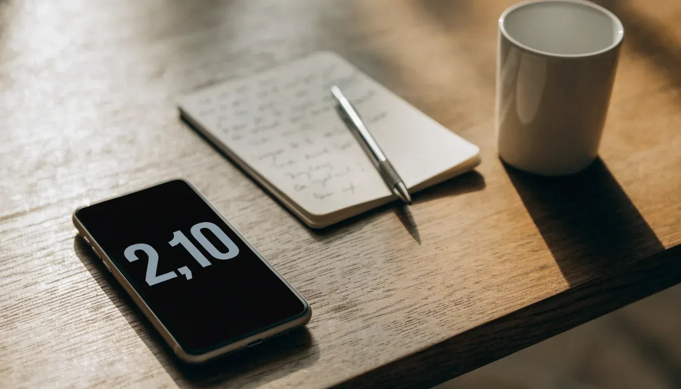Ein Smartphone mit dunklem Display liegt auf einem Holztisch neben einem Notizblock und einem Stift, Tageslicht von links.