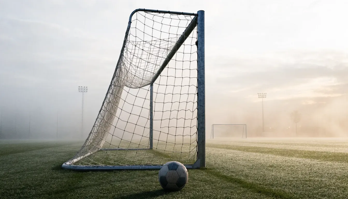Ein Fußballtor im Nebel eines frühen Morgens, das Netz hängt feucht, auf dem Rasen davor liegt ein einzelner Ball.