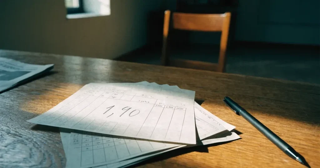 Mehrere leere Wettscheine aus Papier liegen fächerförmig nebeneinander auf einer Holzfläche, daneben ein Kugelschreiber, ohne erkennbare Schrift.
