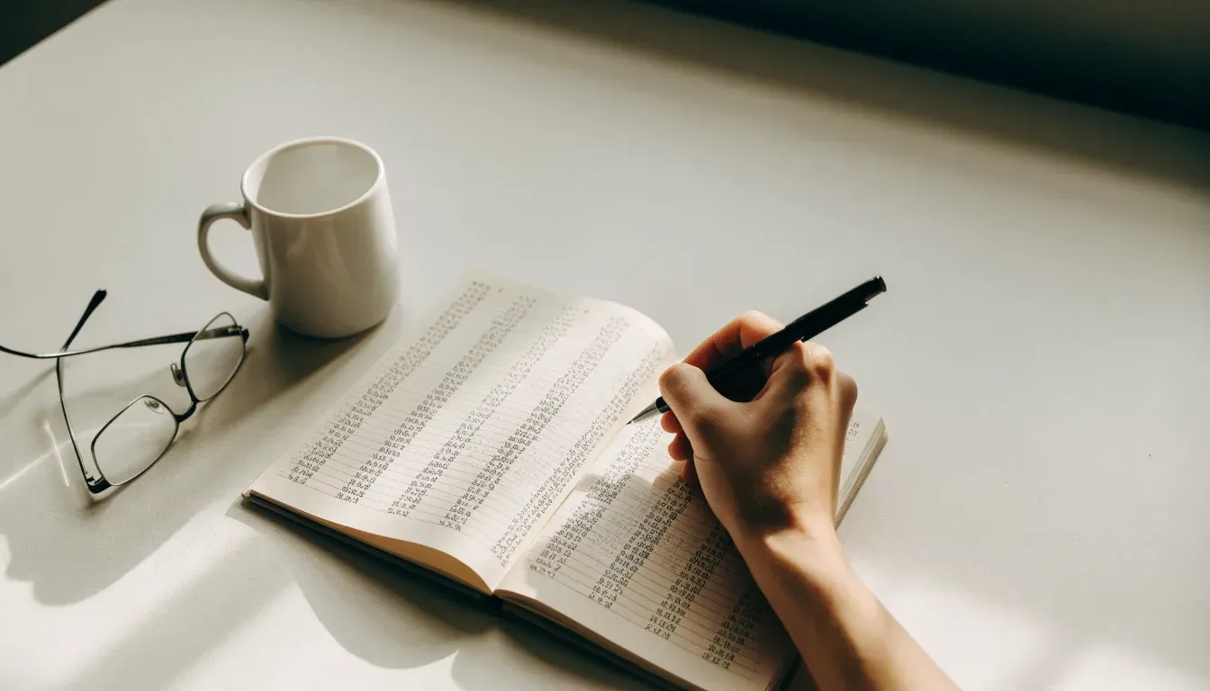 Ein Notizbuch mit handschriftlichen Zahlenreihen liegt neben einem Taschenrechner auf einem hellen Tisch, Tageslicht fällt von der Seite.