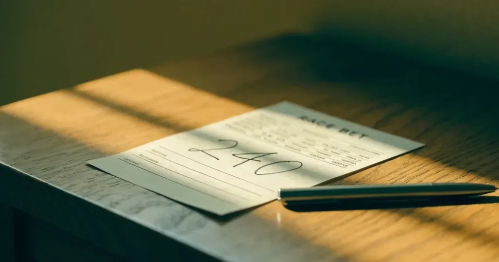 Ein blanker Wettschein aus Papier liegt neben einem Stift und einer kleinen Münzschale auf einem Holztisch, weiches Licht von links.
