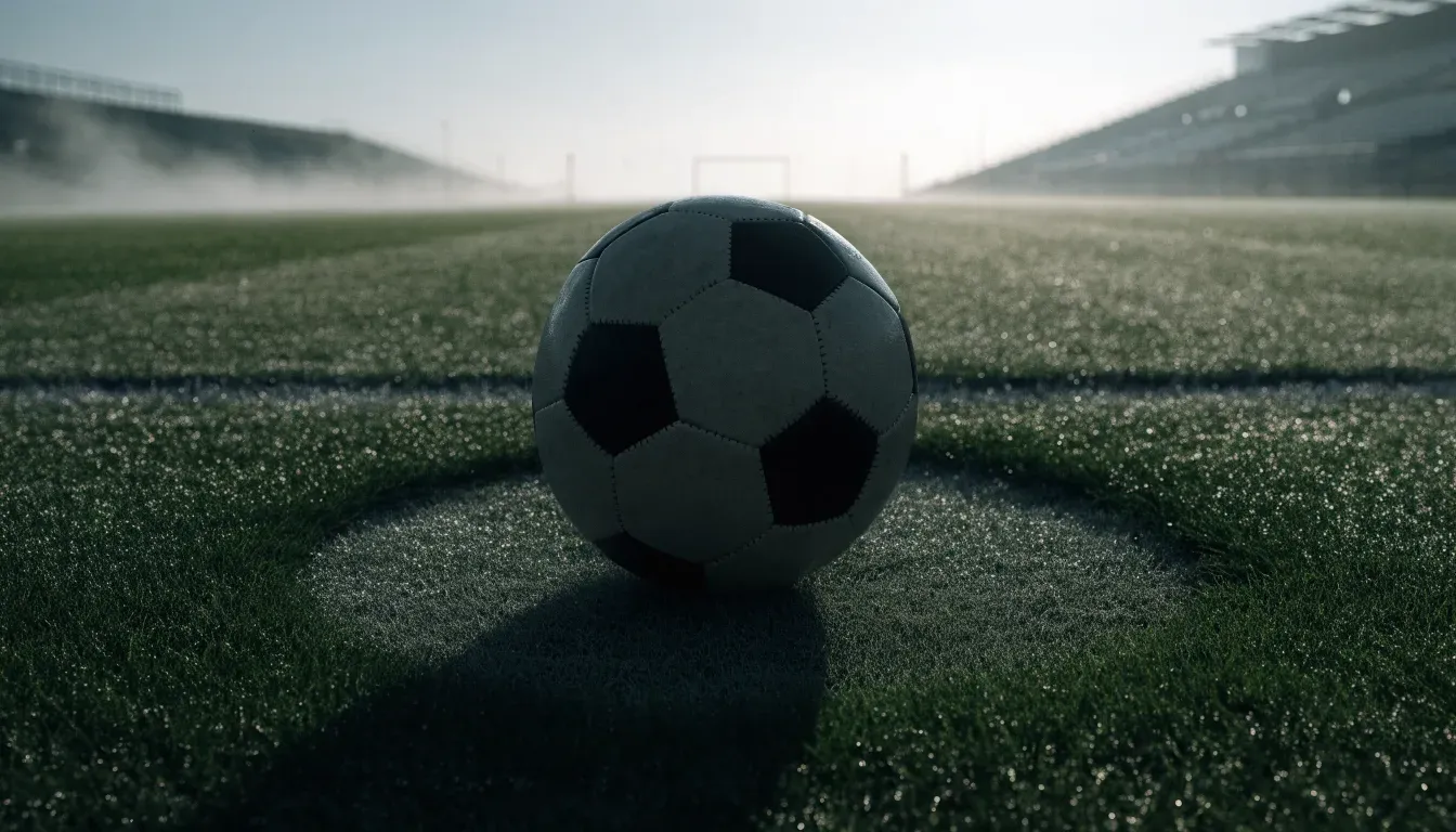 Ein Fußball auf dem Mittelpunkt eines Rasenplatzes, früher Morgen, Tau auf dem Gras, im Hintergrund leere Tribünen.